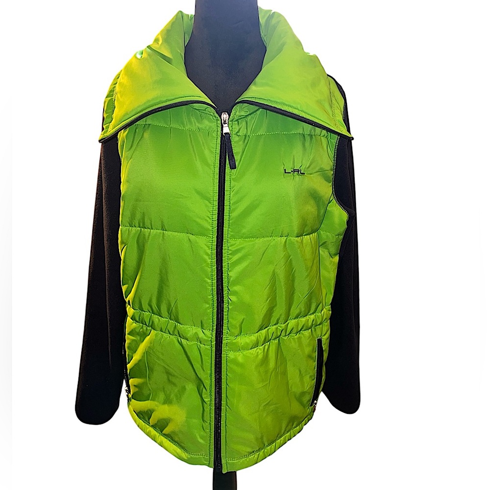 Lauren Ralph Lauren activewear jacket lime & navy colors, pockets, cinch waist